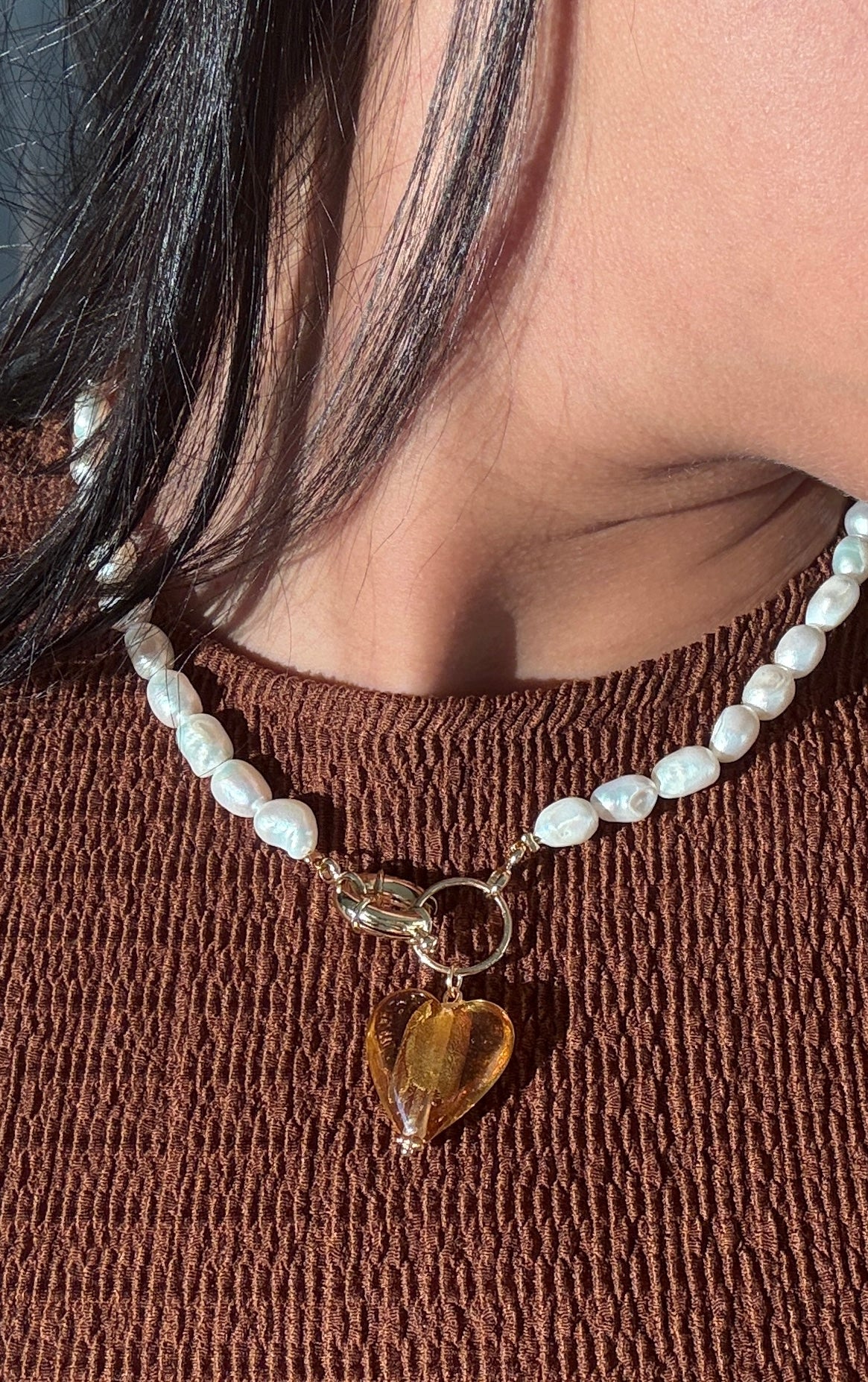 Amber Heart Pearl Necklace