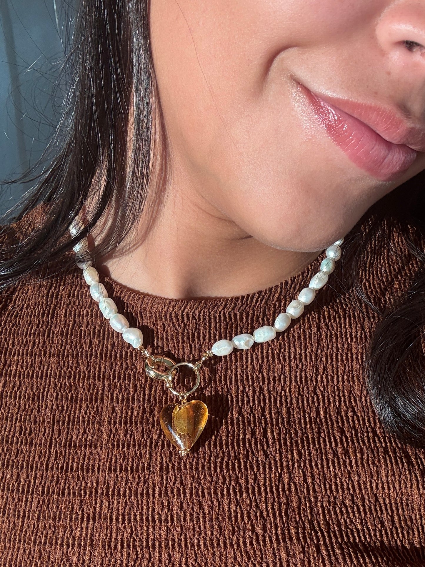 Amber Heart Pearl Necklace